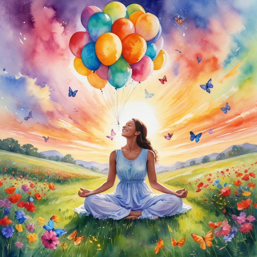 A radiant sun breaking through a vibrant, multi-colored sky filled with balloons and butterflies, depicting the essence of joy and exuberance. A peaceful figure, smiling and meditating in a lush green field surrounded by blooming flowers, embodying contentment and serenity. Soft light illuminating the scene, inviting viewers to embrace positivity. watercolor painting. vibrant colors.