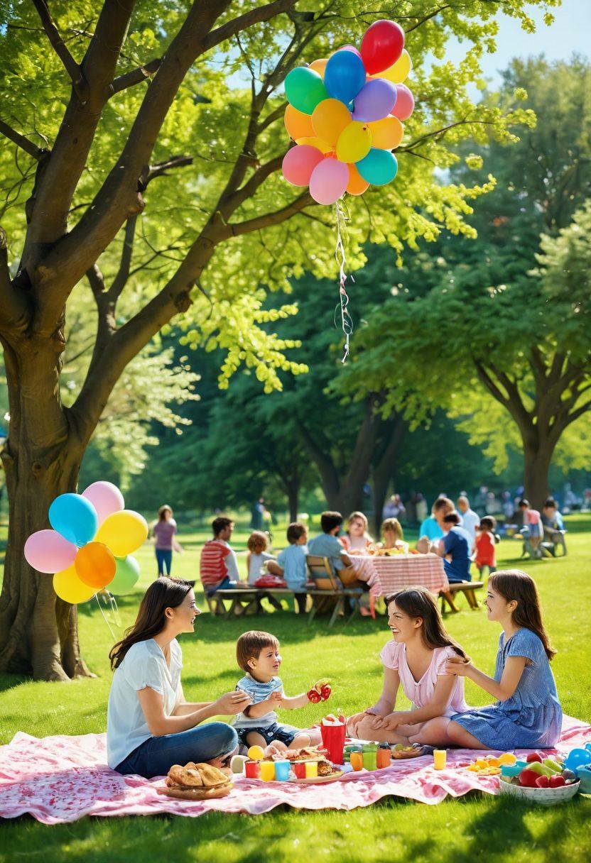 A joyful family picnic scene in a lush green park, where children play games and adults share laughter, surrounded by colorful balloons and a table filled with delicious treats. The sun shines brightly, creating a warm, cheerful atmosphere. Add cherry blossoms gently falling around to symbolize life's fleeting moments. vibrant colors. super-realistic.