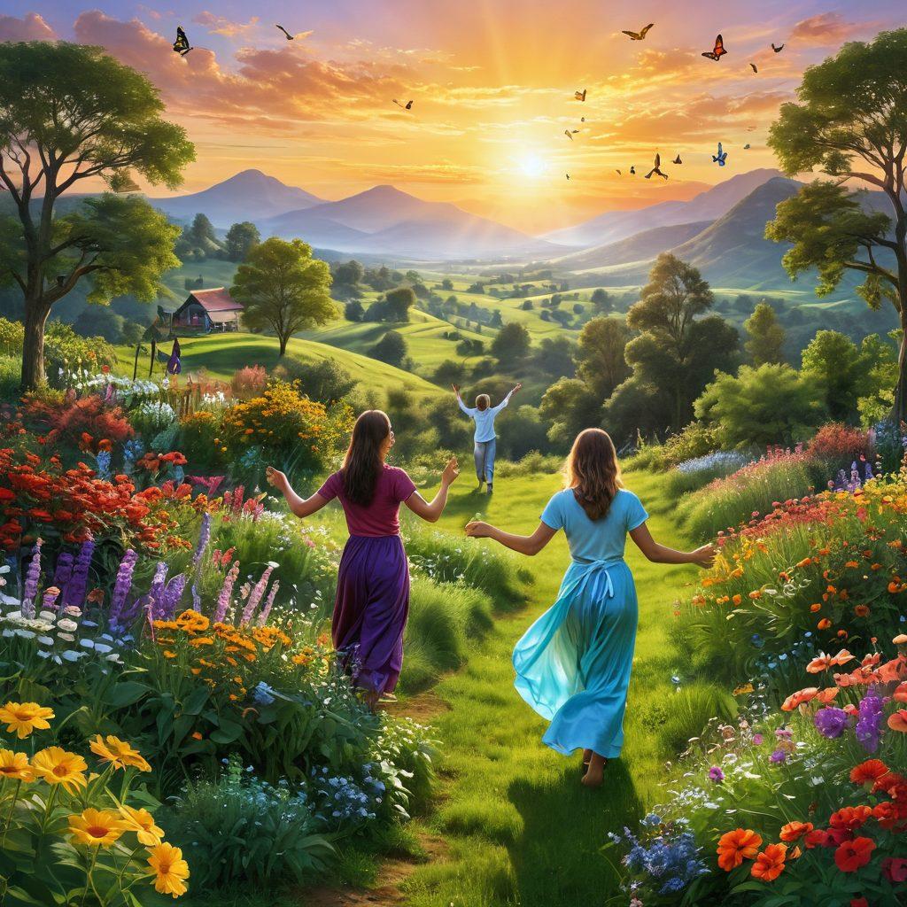 A serene landscape featuring a radiant sun rising over a lush green valley, with diverse people of different ages engaged in joyful activities like dancing, meditating, and gardening. Colorful flowers bloom around them, symbolizing happiness and growth. The scene conveys an essence of bliss and exuberance, with butterflies fluttering about. vibrant colors. super-realistic.